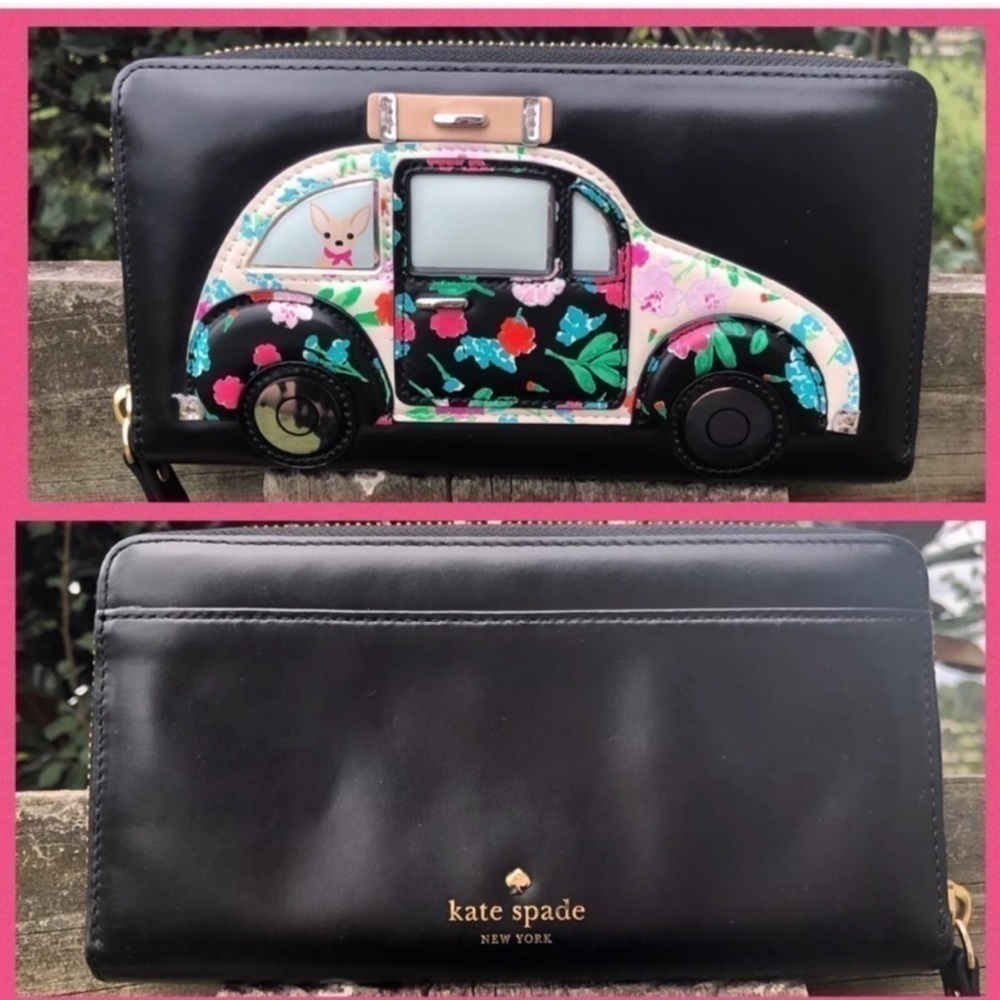 Kate Spade SCENIC ROUTE Beetle Bug Car Appliqué Leather Lacey Zip Around Wallet